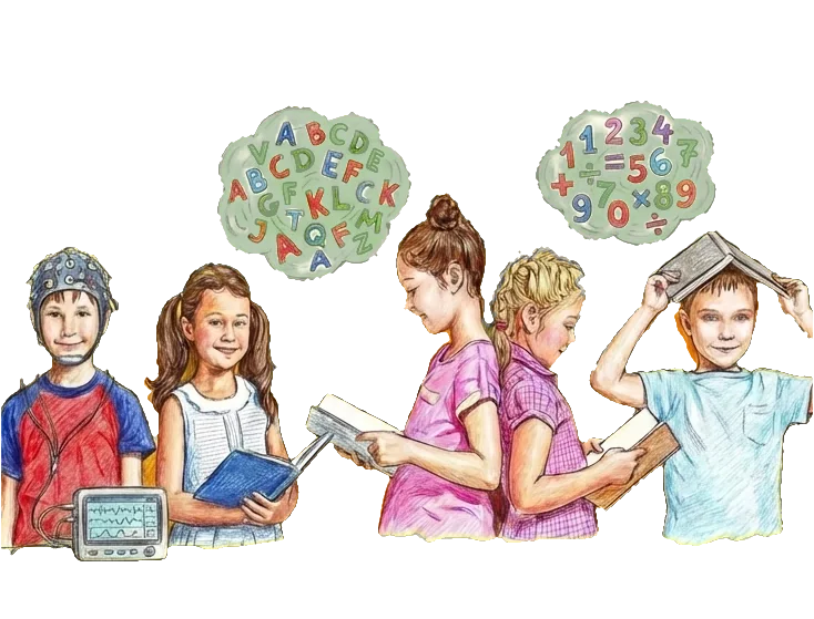 Illustration: Fünf Kinder lesen und rechnen, ein Kind trägt beim Neurofeedback-Training eine EEG-Haube